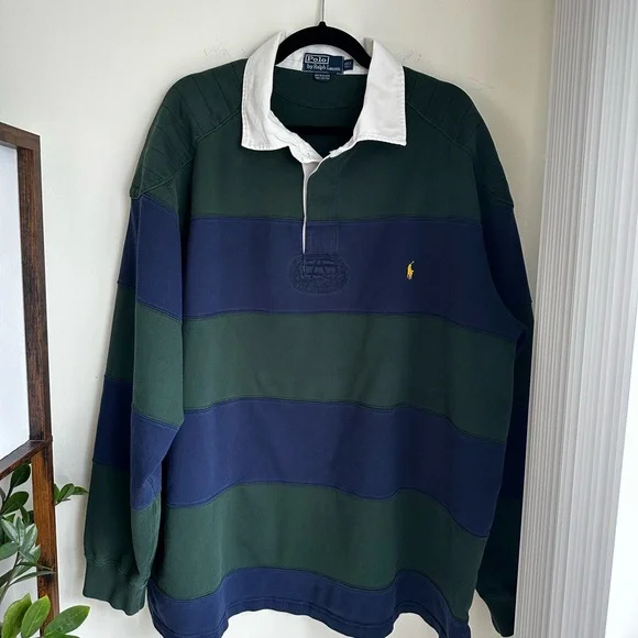 Vintage Polo by Ralph Lauren Hunter Green and Navy Rugby Shirt | Men’s 3XLT - Picture 1 of 5